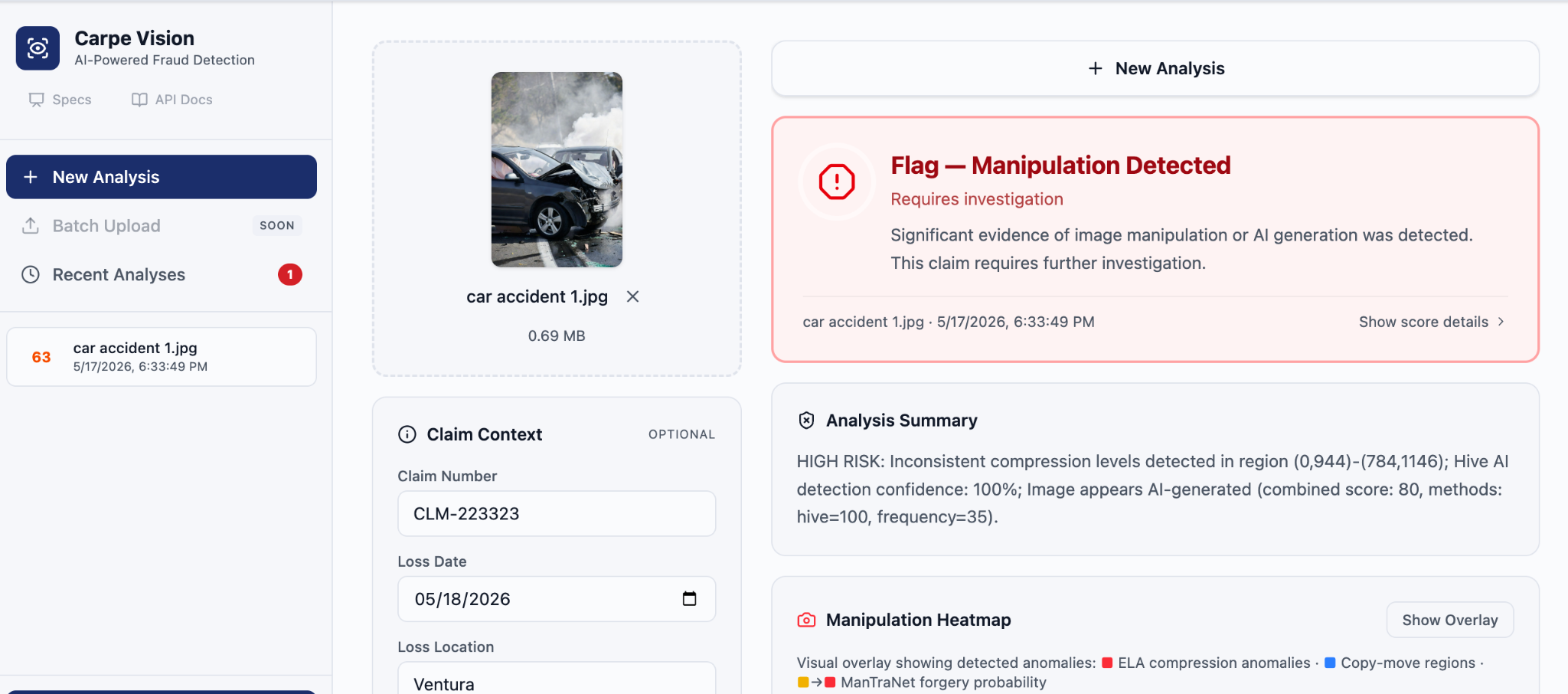Carpe Vision analysis of a car accident photo flagging detected image manipulation alongside the claim context form and an AI-generated analysis summary