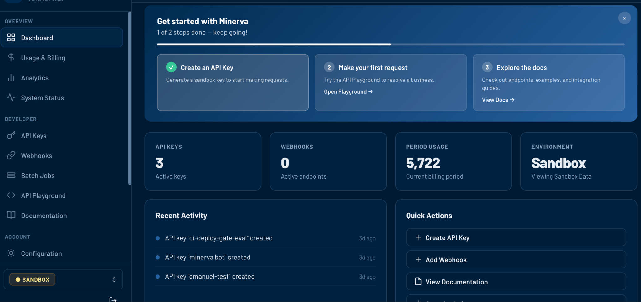 Minerva API developer portal dashboard showing onboarding checklist, API key management, webhook configuration, usage analytics, and sandbox environment access