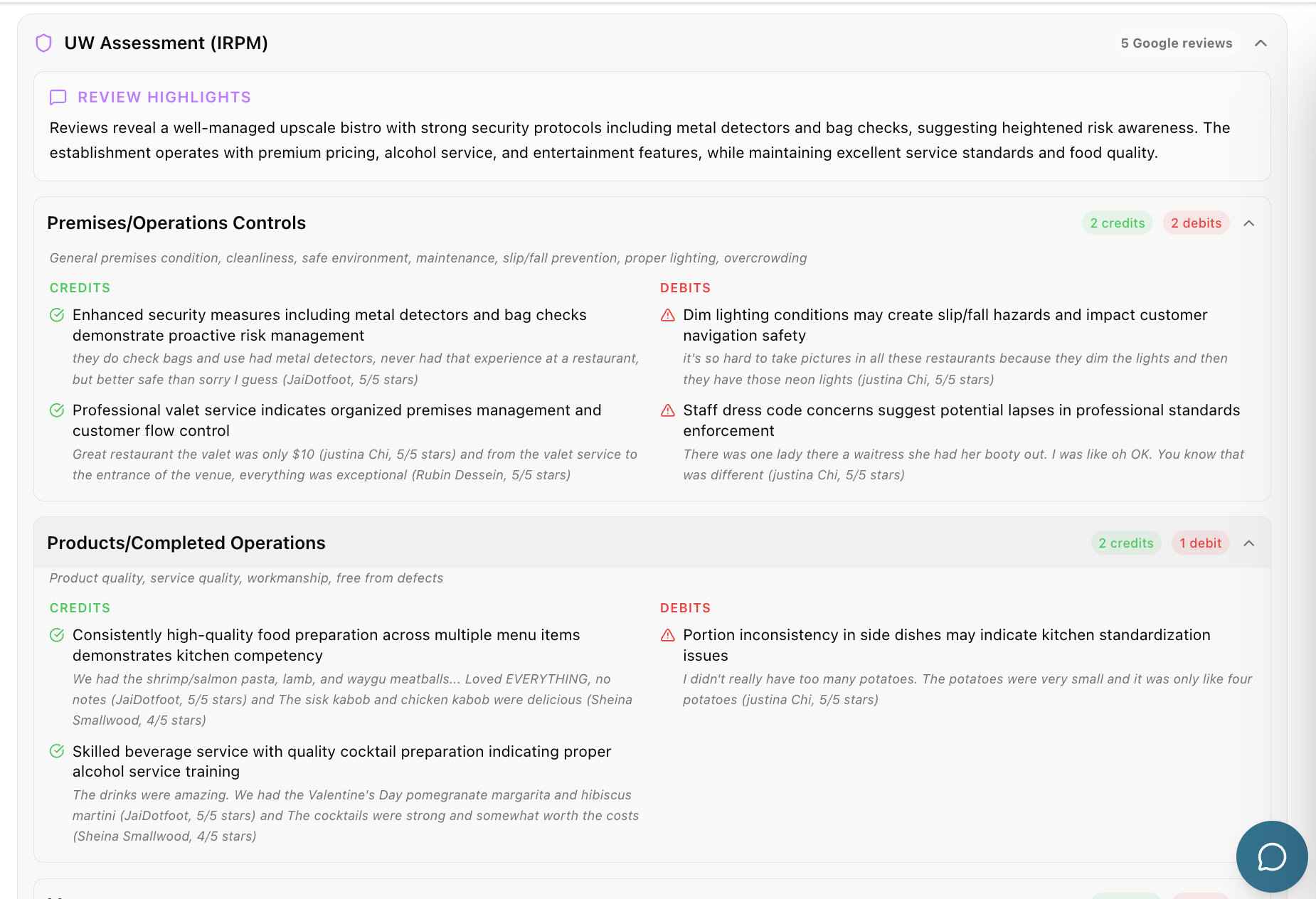 Minerva Underwriting Assessment screen showing IRPM review highlights and Premises and Operations and Products and Completed Operations credits and debits used to derive the modification factor