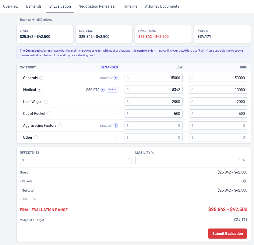 Injury (BI) Evaluation Workspace product screenshot